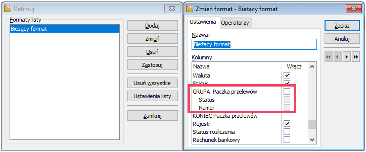 Preliminarz płatności – formaty listy – kolumna Paczka przelewów