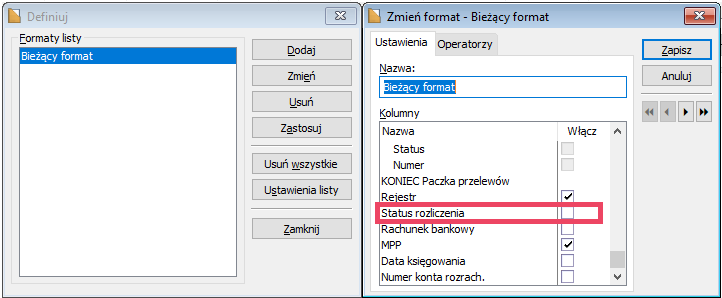 Preliminarz płatności – formaty listy – kolumna Status rozliczenia