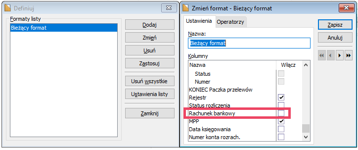 Preliminarz płatności – formaty listy – kolumna Rachunek bankowy