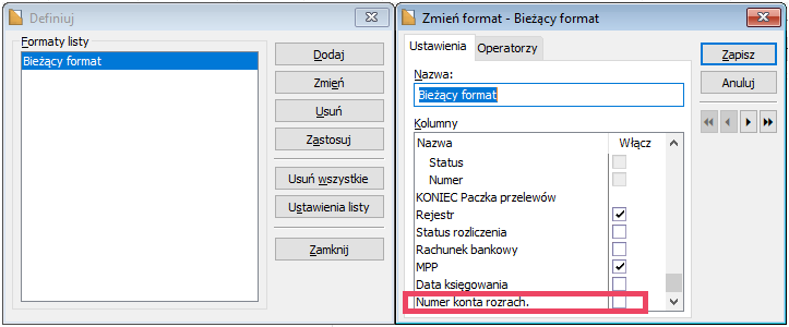 Preliminarz płatności – formaty listy – kolumna Numer konta rozrach.