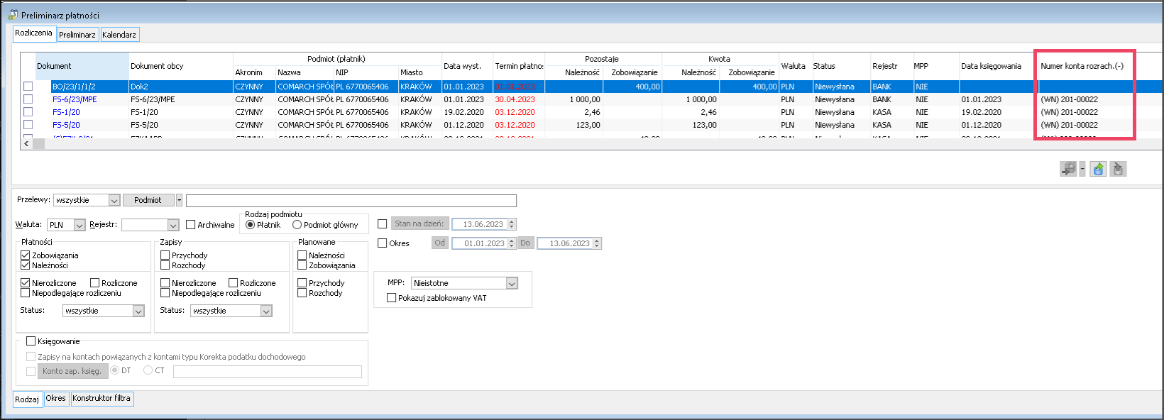 Preliminarz płatności –kolumna Numer konta rozrach.