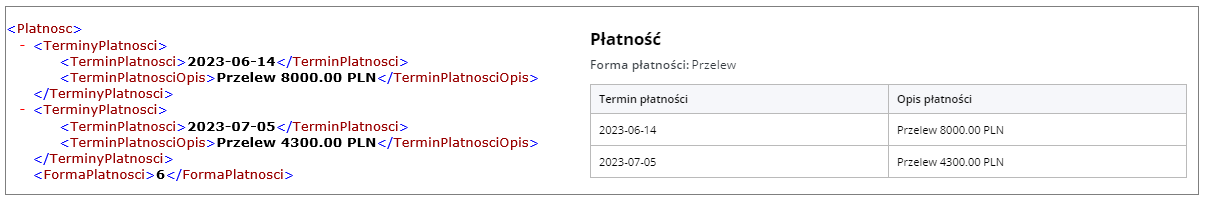 Szczegółowa lista płatności oraz wspólna forma płatności w pliku oraz na wizualizacji faktury w KSeF