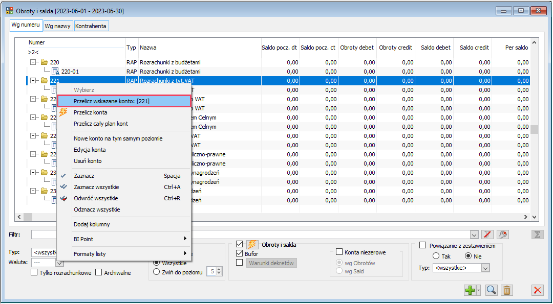 Okno Obroty i salda – menu kontekstowe udostępnione z poziomu listy planu kont, opcja Przelicz wskazane konto: [XXX]