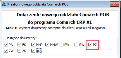 Ustalanie typów dokumentów podczas kreacji oddziału Comarch POS