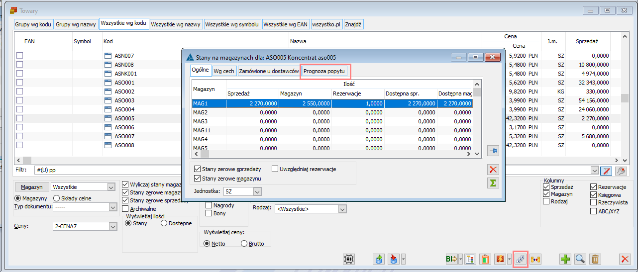 Zakładka Prognoza popytu w oknie Stany na magazynach