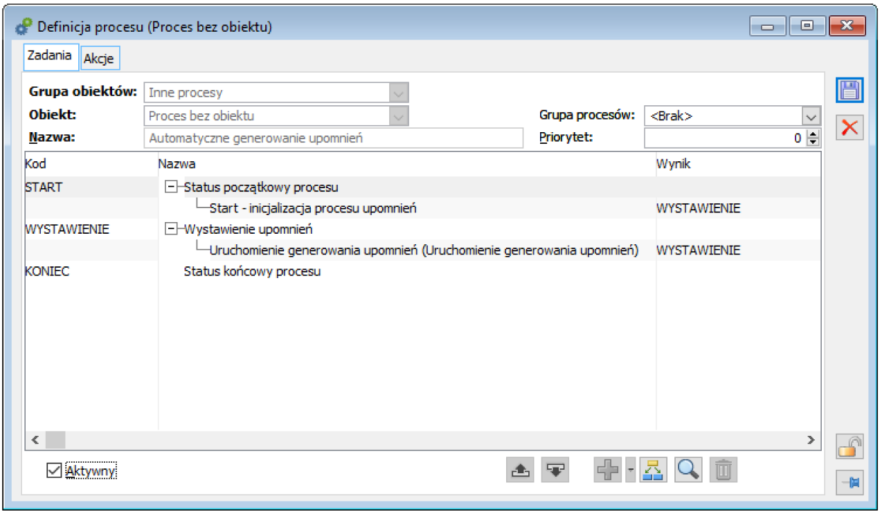 Definicja procesu Automatyczne generowanie upomnień (bez obiektu)