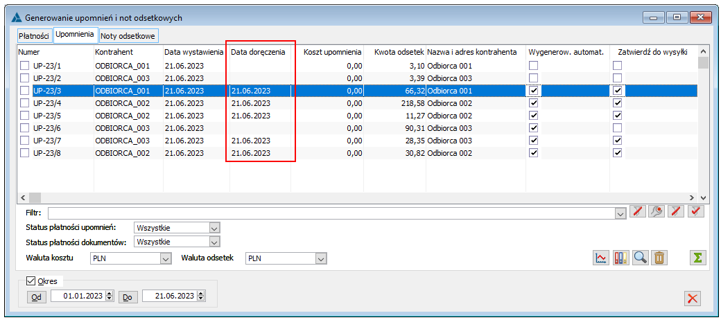 Generowanie upomnień i not odsetkowych, zakładka Upomnienia, kolumna Data doręczenia