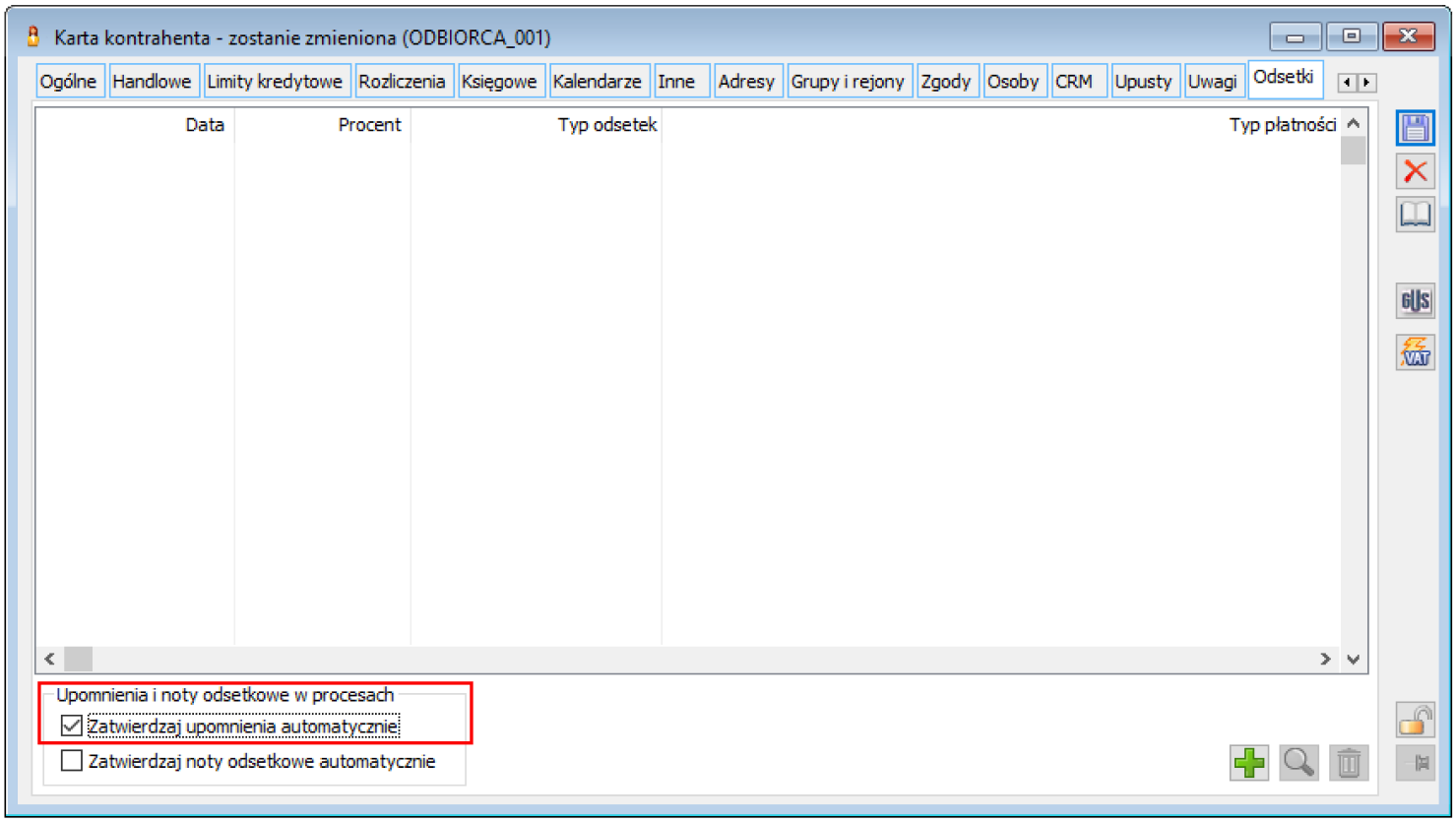 Karta kontrahenta/ zakładka [Odsetki], parametr w sekcji Upomnienia i noty odsetkowe w procesach