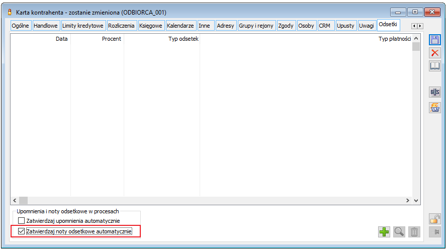 Karta kontrahenta/zakładka Odsetki, parametr w sekcji Upomnienia i noty odsetkowe w procesach