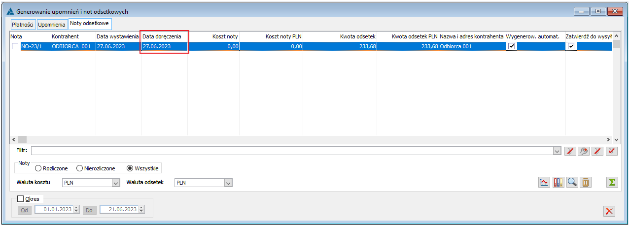 Generowanie upomnień i not odsetkowych, zakładka Noty odsetkowe, kolumna Data doręczenia