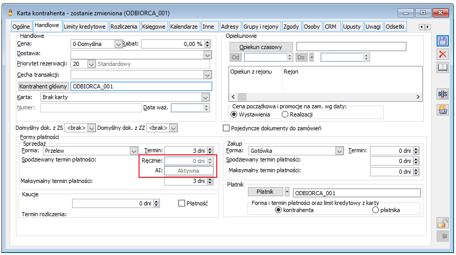 Karta kontrahenta, zakładka [Handlowe], nowe oznaczenie aktywnego komponentu AI