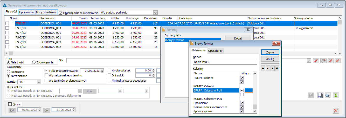 Kolumna Odsetki w PLN – Formaty list