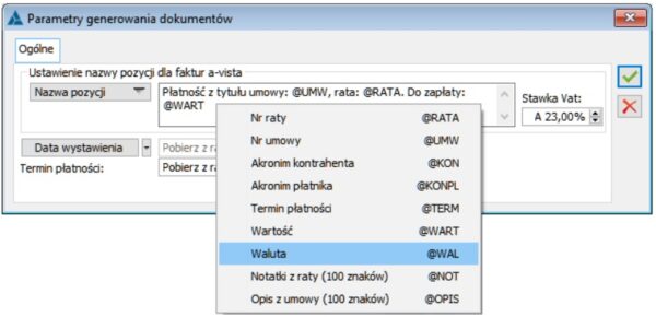 Ustawianie nazwy pozycji dla faktury a-vista generowanej z raty płatności umowy