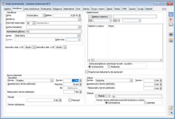 Karta kontrahenta, zakładka: Handlowe.