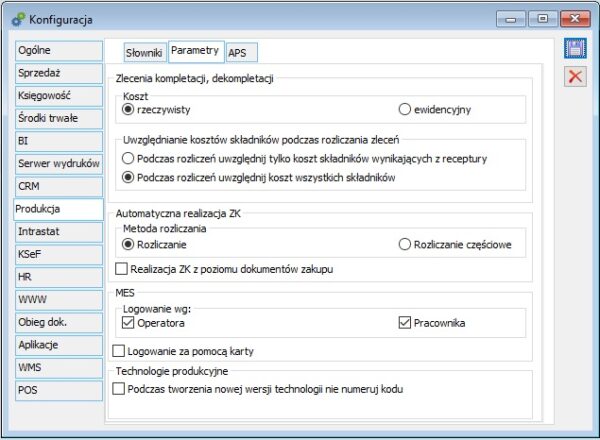 Konfiguracja, zakładka Produkcja / Parametry