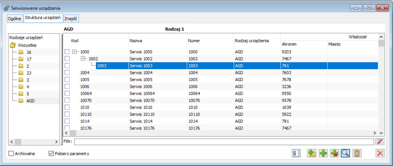 Lista urządzeń serwisowych, zakładka: Struktura urządzeń