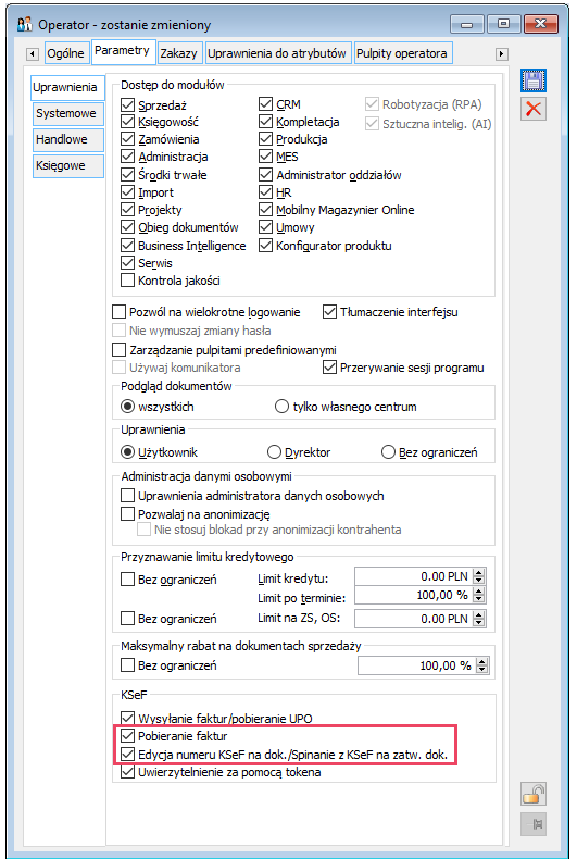 Prawa w zakresie KSeF na karcie Operatora
