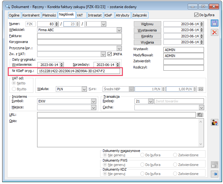 Numer KSeF oryginału na formatce ręcznej FZK
