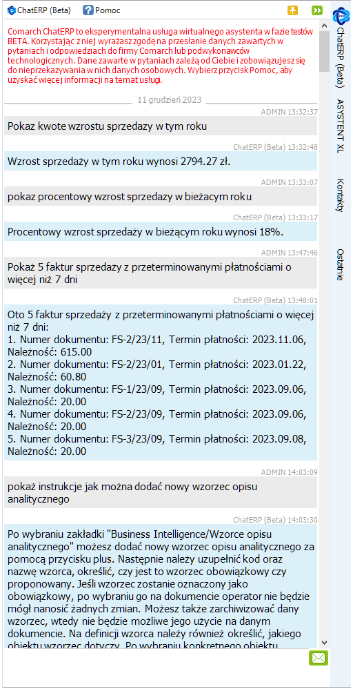 Okno rozmowy z ChatERP (Beta) w wersji 2024.0