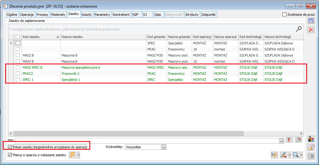 Dokument ZP, zakładka: Zasoby - działanie parametru: Pokaż zasoby bezpośrednio przypisane do operacji