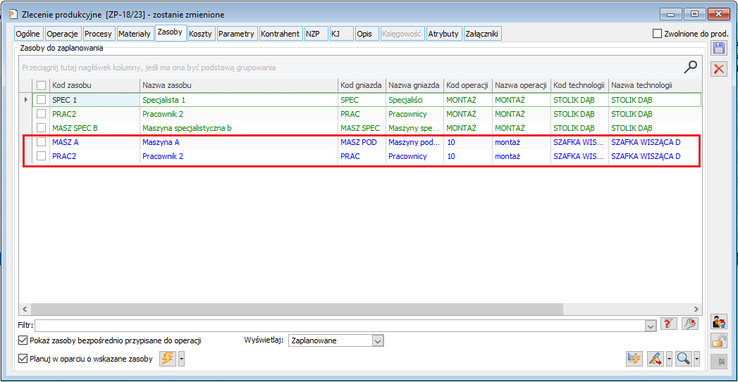 Dokument ZP, zakładka: Zasoby - wyświetlanie w kolorze niebieskim pozycji, które dotyczą zaplanowanych operacji