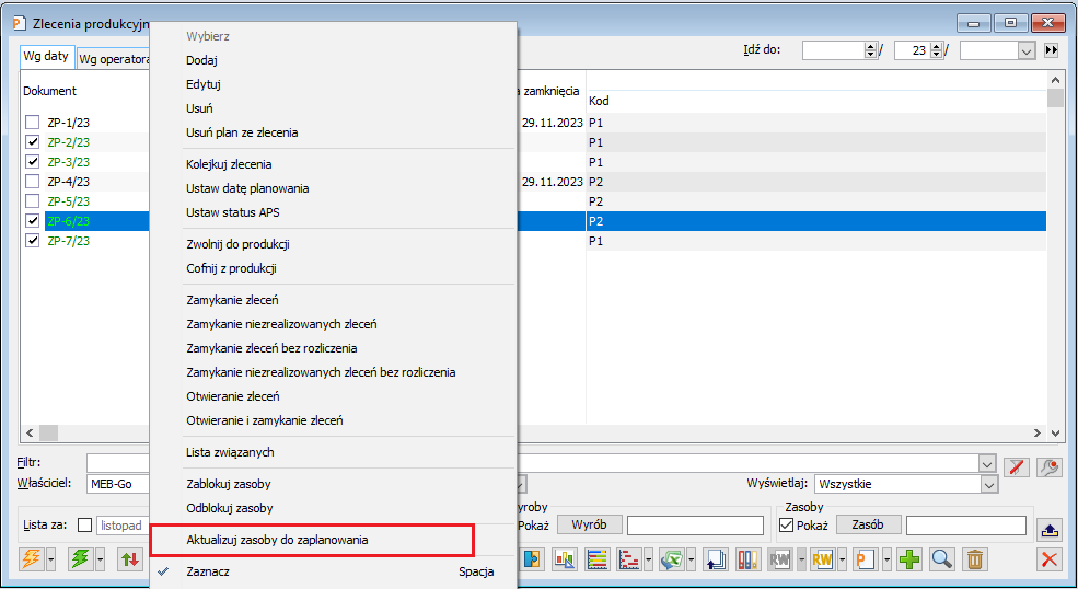 Lista zleceń produkcyjnych, menu kontekstowe - nowa opcja: Aktualizuj zasoby do zaplanowania