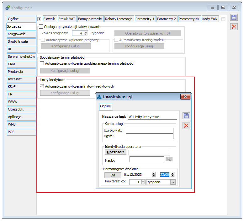Konfiguracja/ Sprzedaż/ AI, sekcja Limity kredytowe