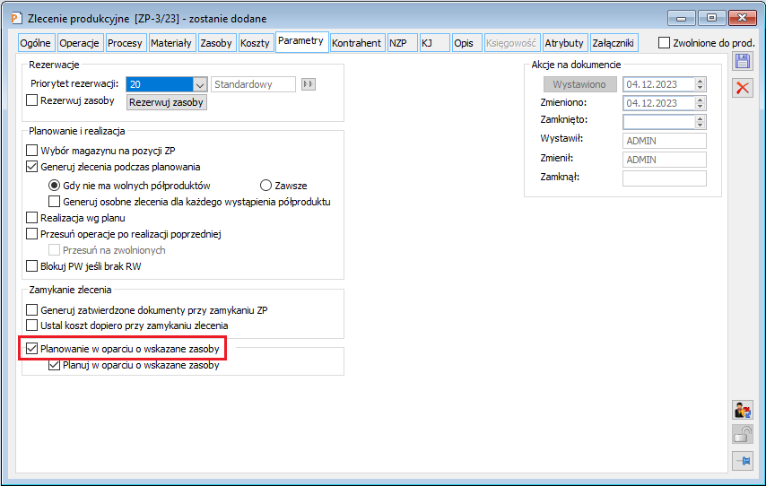 Dokument ZP, zakładka: Parametry - nowy parametr: Planowanie w oparciu o wskazane zasoby