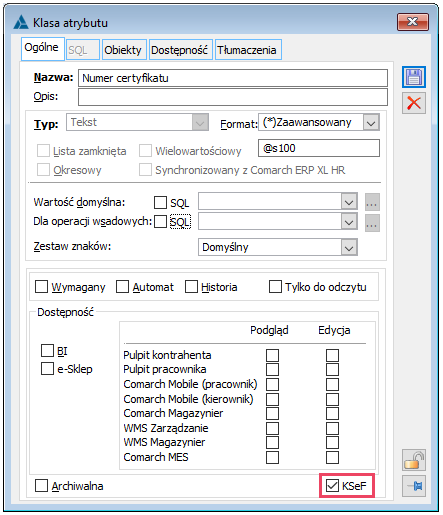 Parametr KSeF na klasie atrybutu