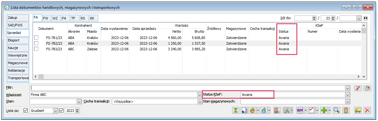 Status Awaria na liście faktur sprzedaży i filtrowanie wg tego statusu KSeF