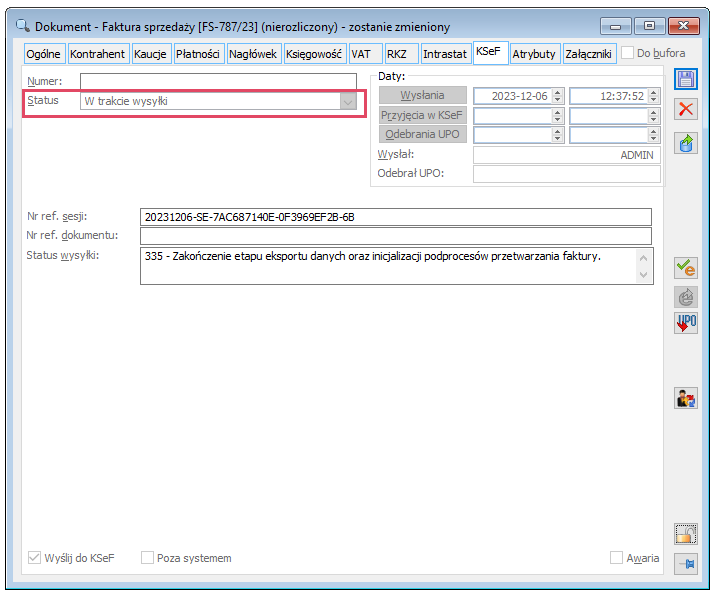 Nowy status KSeF „W trakcie wysyłki” na formatce faktury sprzedaży