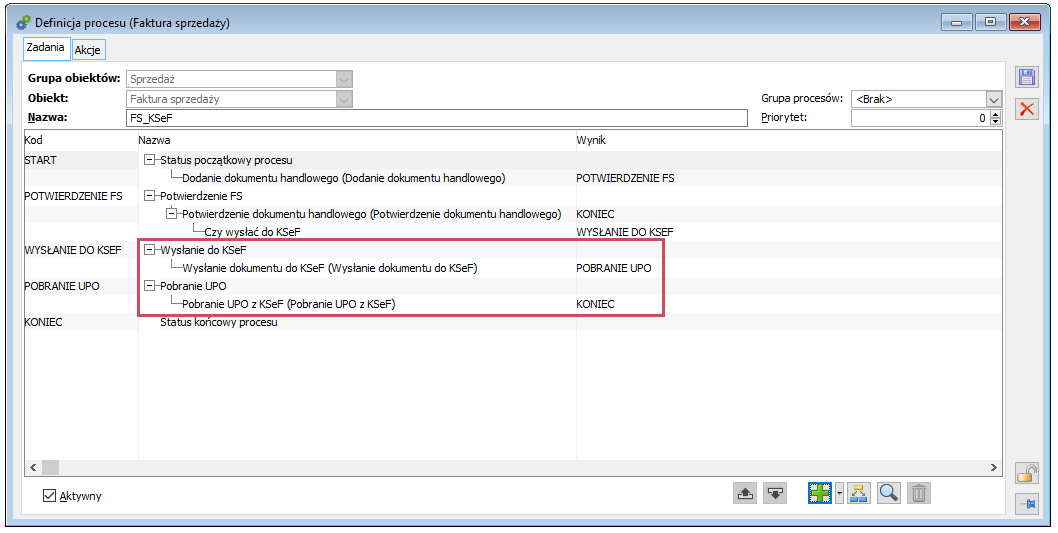 Akcja wysłania dokumenty do KSeF i pobrania UPO w procesie zdefiniowanym dla faktury sprzedaży