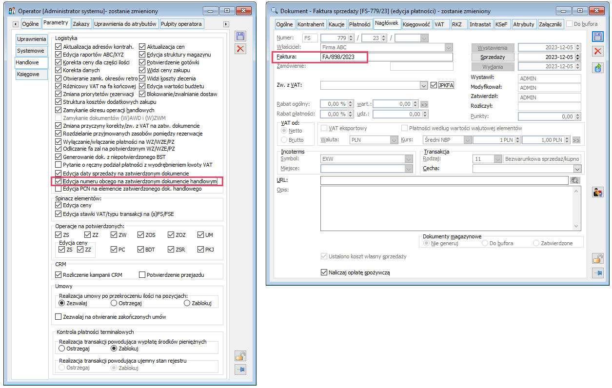 Edycja numer obcego przez uprawnionego Operatora na zatwierdzonej FS