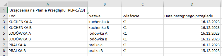 Przykładowa lista urządzeń wyeksportowana z poziomu PLP