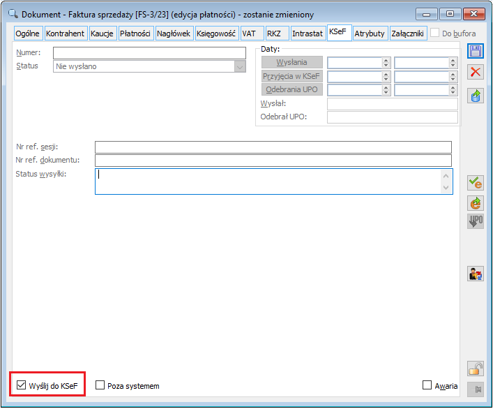Formularz faktury sprzedaży, zakładka KSeF