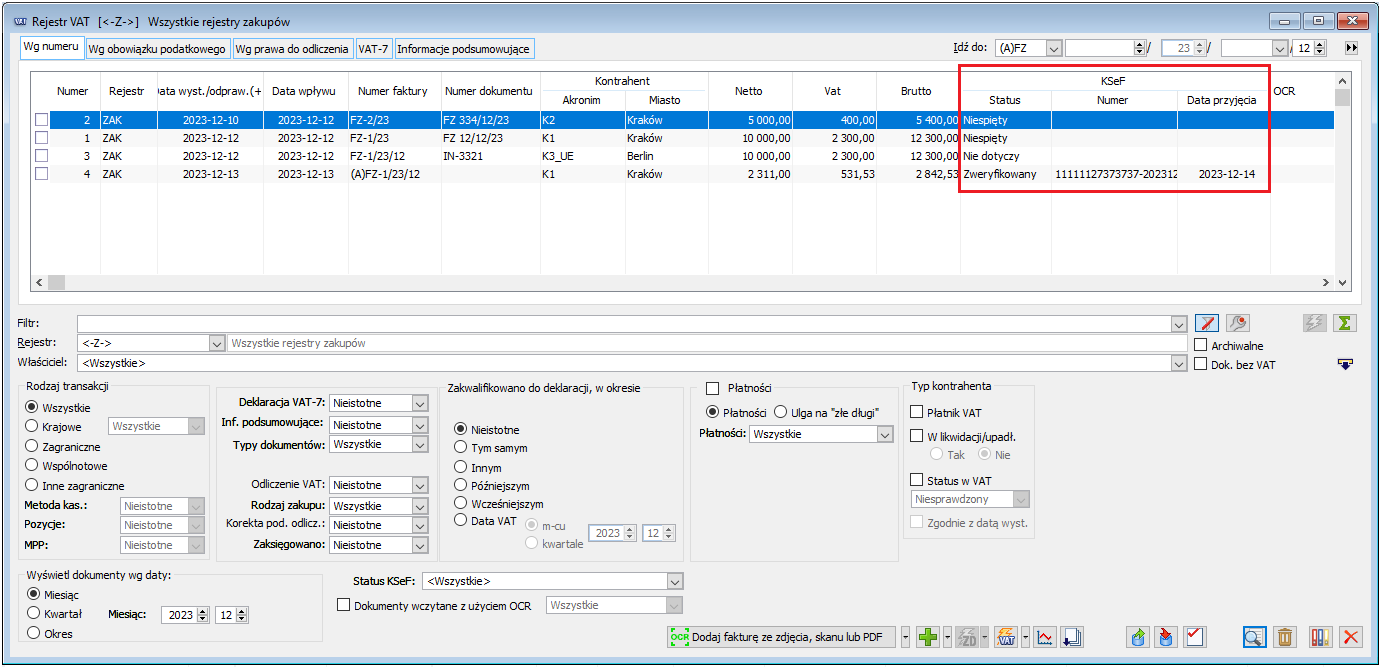 Okno Rejestr VAT z nowymi kolumnami w grupie KSeF