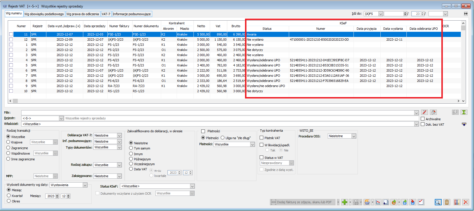 Okno Rejestr VAT z nowymi kolumnami w grupie KSeF