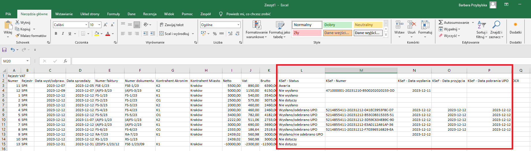 Eksport listy udostępnionej w oknie Rejestr VAT do MS Excel