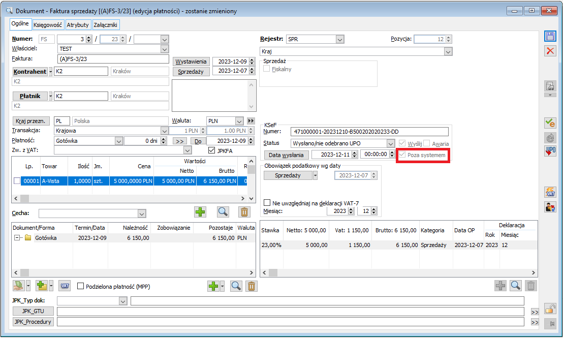 Formularz uproszczony faktury sprzedaży a-vista, w sekcji KSeF wybrano parametr „Poza systemem”