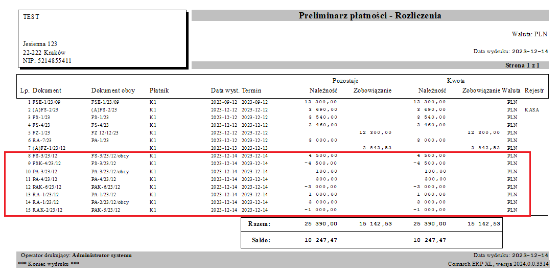 Wydruk z poziomu Preliminarz płatności