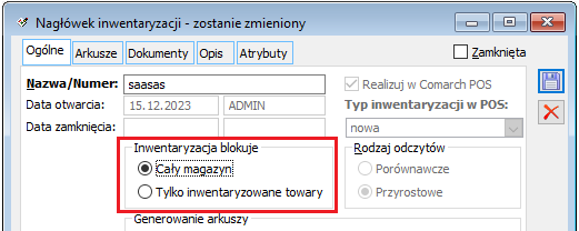 Parametr na inwentaryzacji dotyczący blokowania wystawiania dokumentów