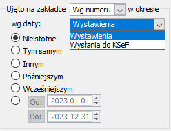 Filtr „Ujęto na zakładce [Wg numeru], w okresie wg daty”