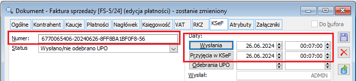 Zakładka [KSeF] na fakturze po pobraniu raportów z Comarch EDI