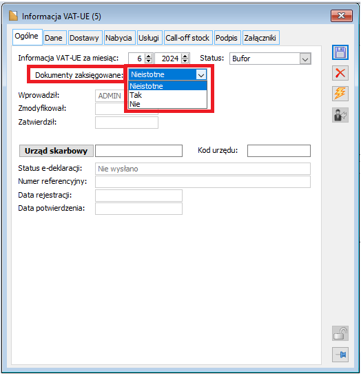VAT-UE, zakładka [Ogólne] - aktywny parametr Dokumenty zaksięgowane