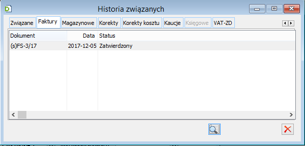 Historia związanych, zakładka: Faktury.