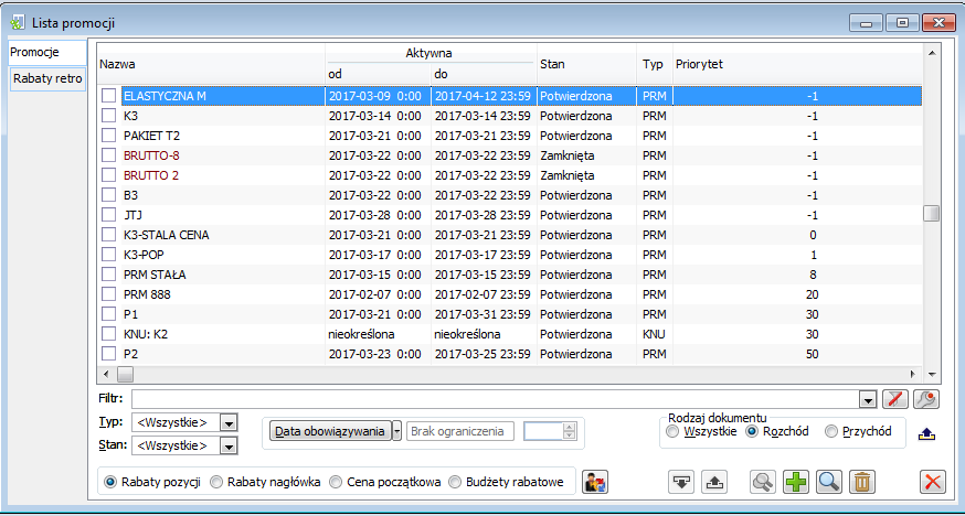 Lista promocji wg opcji: Rabat pozycji.