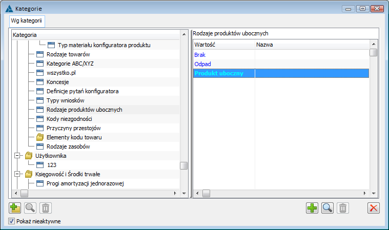 Definiowanie słownika rodzajów produktów ubocznych oknie: Słowniki kategorii, dostępnym w module Administrator