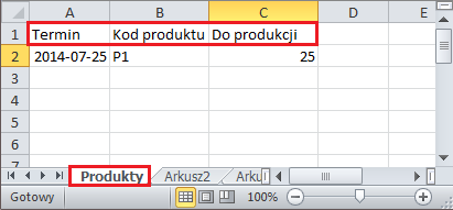 Wzór arkusza kalkulacyjnego do importu listy produktów na plan produkcji