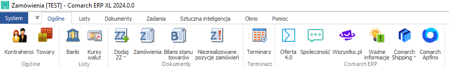 Menu główne i pasek narzędzi modułu: Zamówienia.