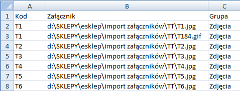Przykładowy arkusz MS_Excel ze ścieżkami do plików